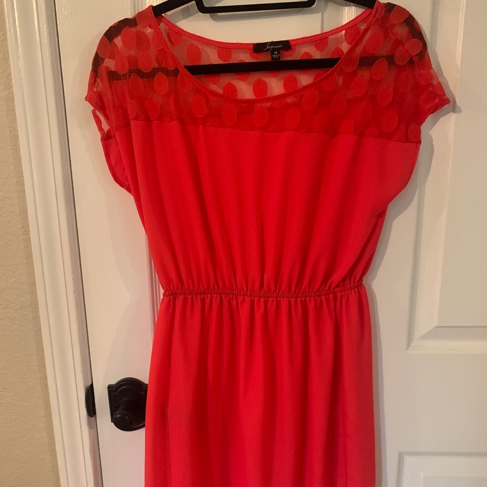 Coral mini dress with sleeve mesh top